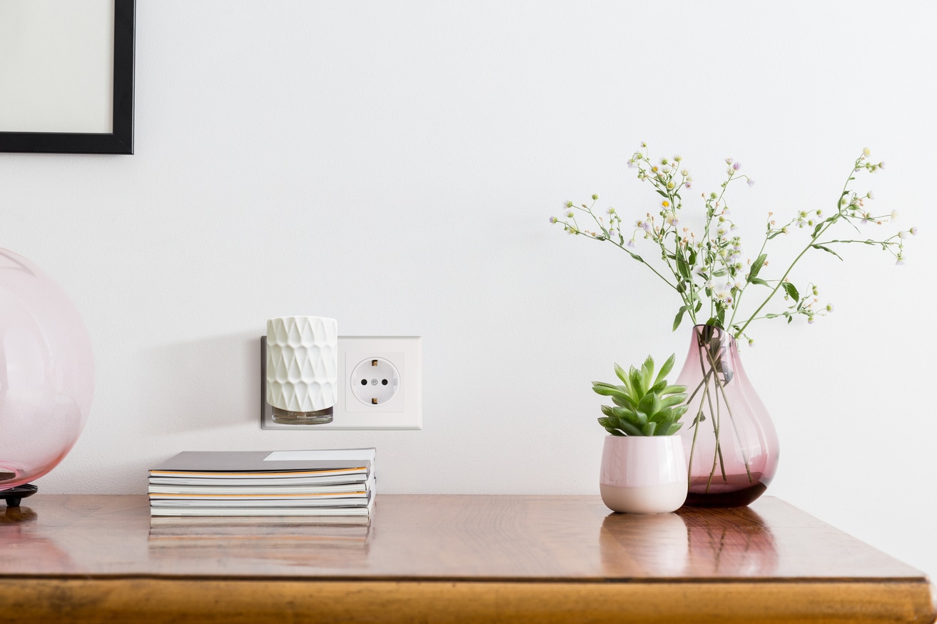 Stilren inredning med luftfräschare, böcker och blommor på träbord.
