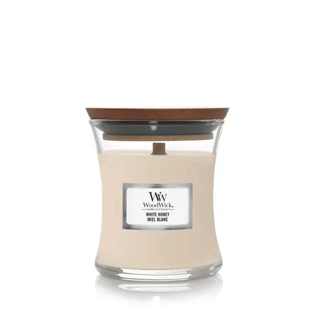 WoodWick doftljus med trälock, doften White Honey.