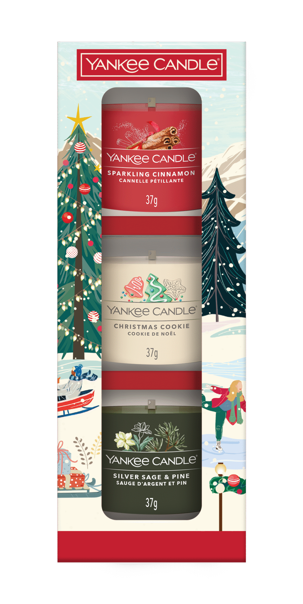 Yankee Candle-ask med juldofter: Sparkling Cinnamon, Christmas Cookie, Silver Sage & Pine.