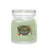 Yankee Candle Enchanted Orchard ljus i glasburk, 368 g, grön färg och fruktmönster.