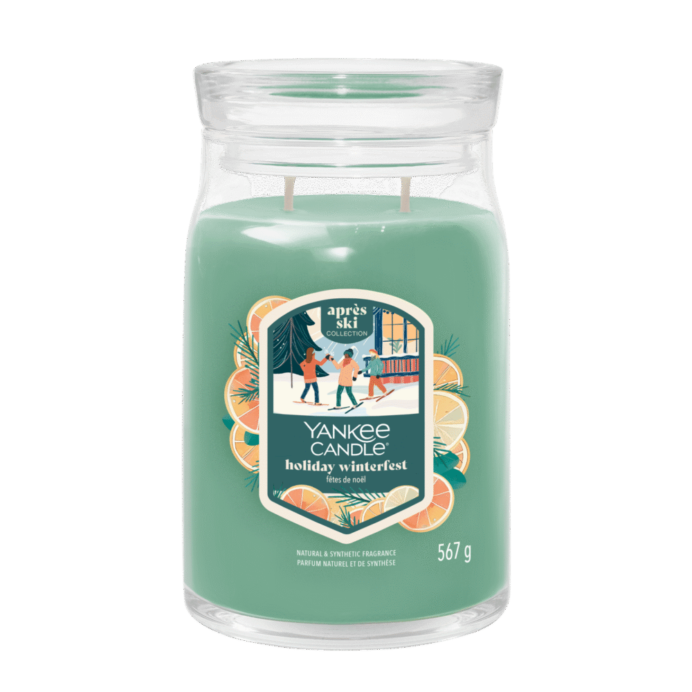 Yankee Candle Holiday Winterfest ljus, grönt med apelsinmotiv, 567g.