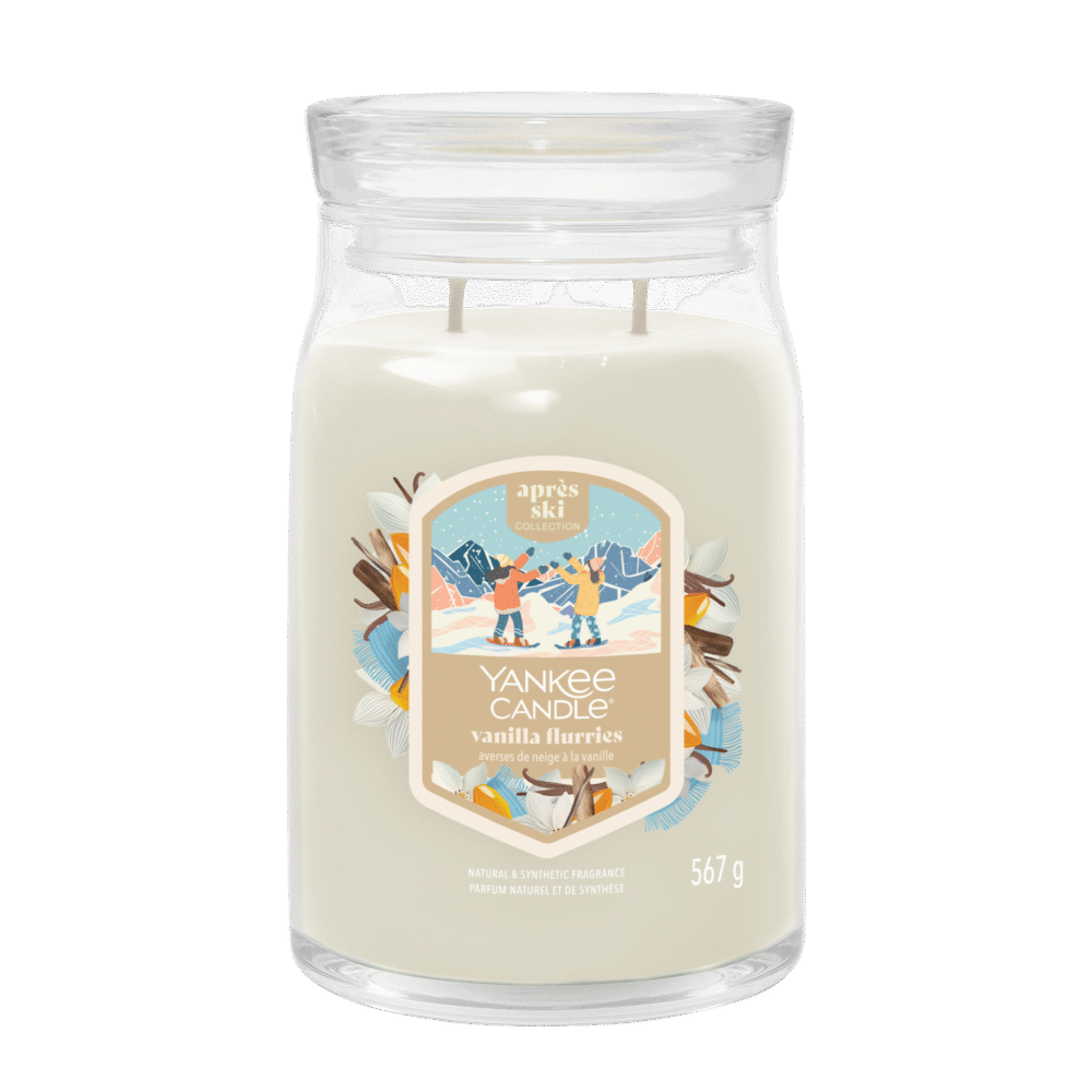 Yankee Candle Vanilla Flurries i glasburk med vintermotiv, 567g.