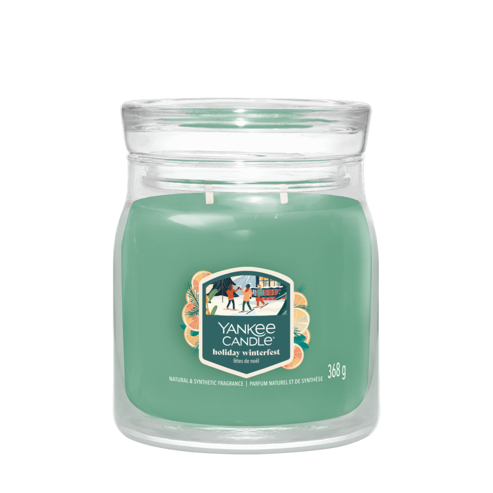 Grön Yankee Candle Holiday Winterfest doftljus i glasburk.