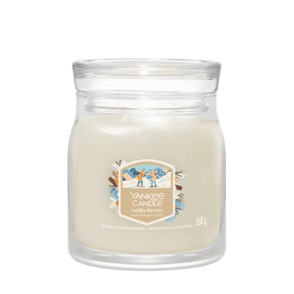 Yankee Candle Vanilla Flurries, vit ljusburk, 368g, söt och varm doft.