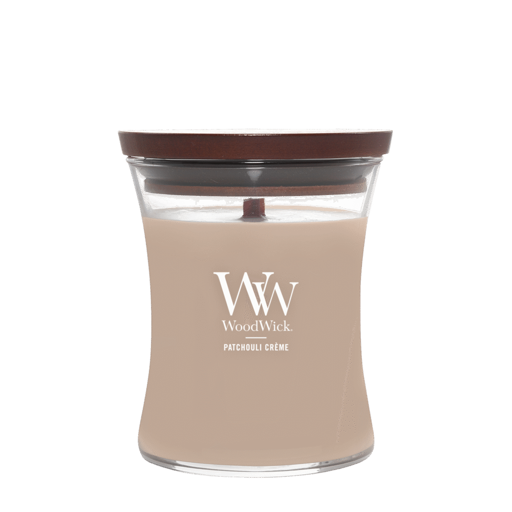 WoodWick doftljus i glasburk, Patchouli Crème, med trälock.
