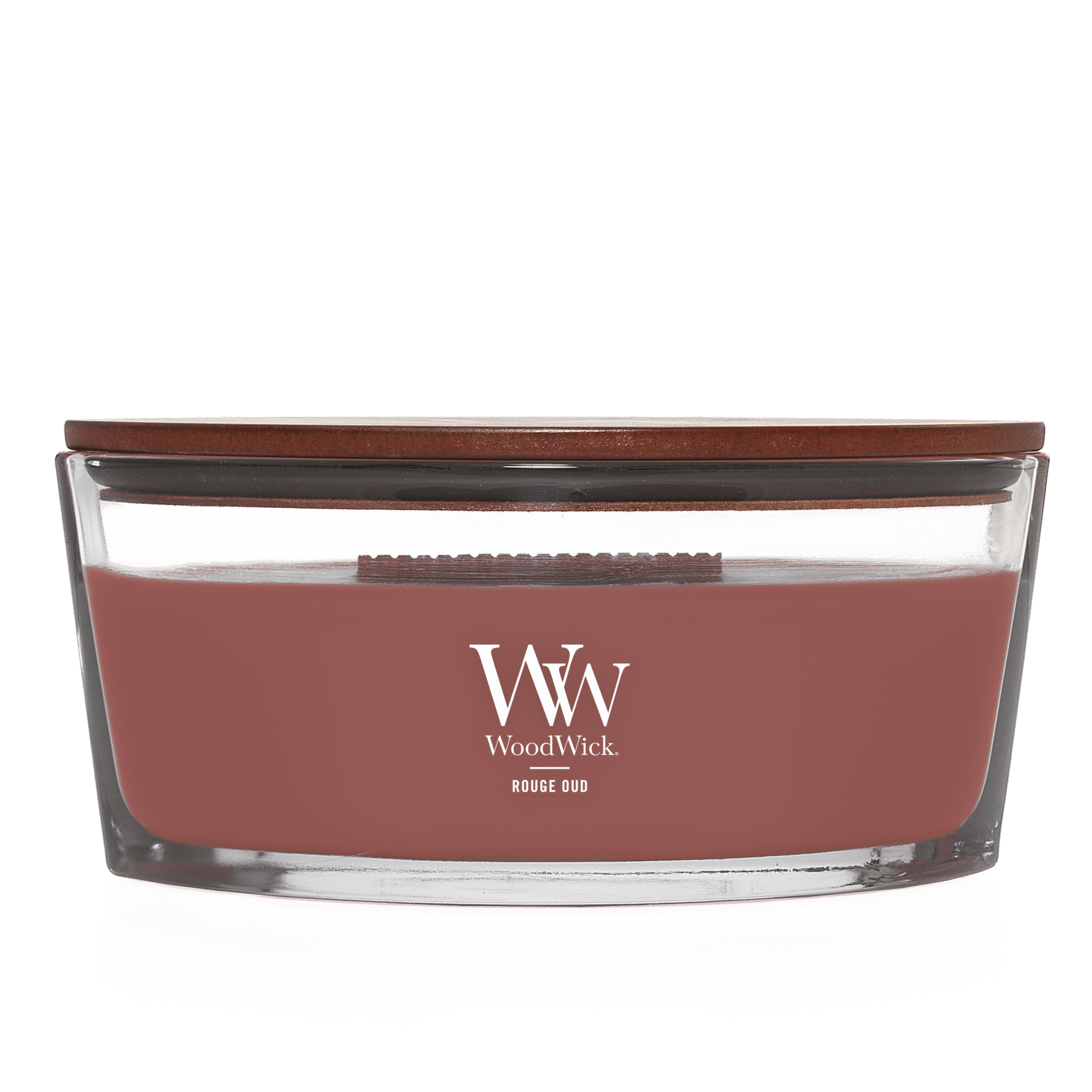 WoodWick doftljus med trälock och Rouge Oud-färg.