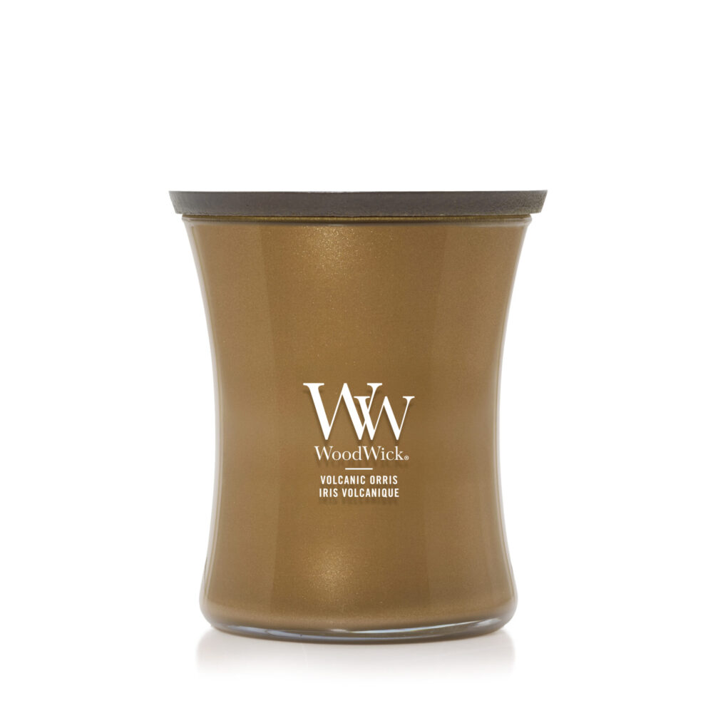 WoodWick doftljus i Volcanic Orris-design med trälock.