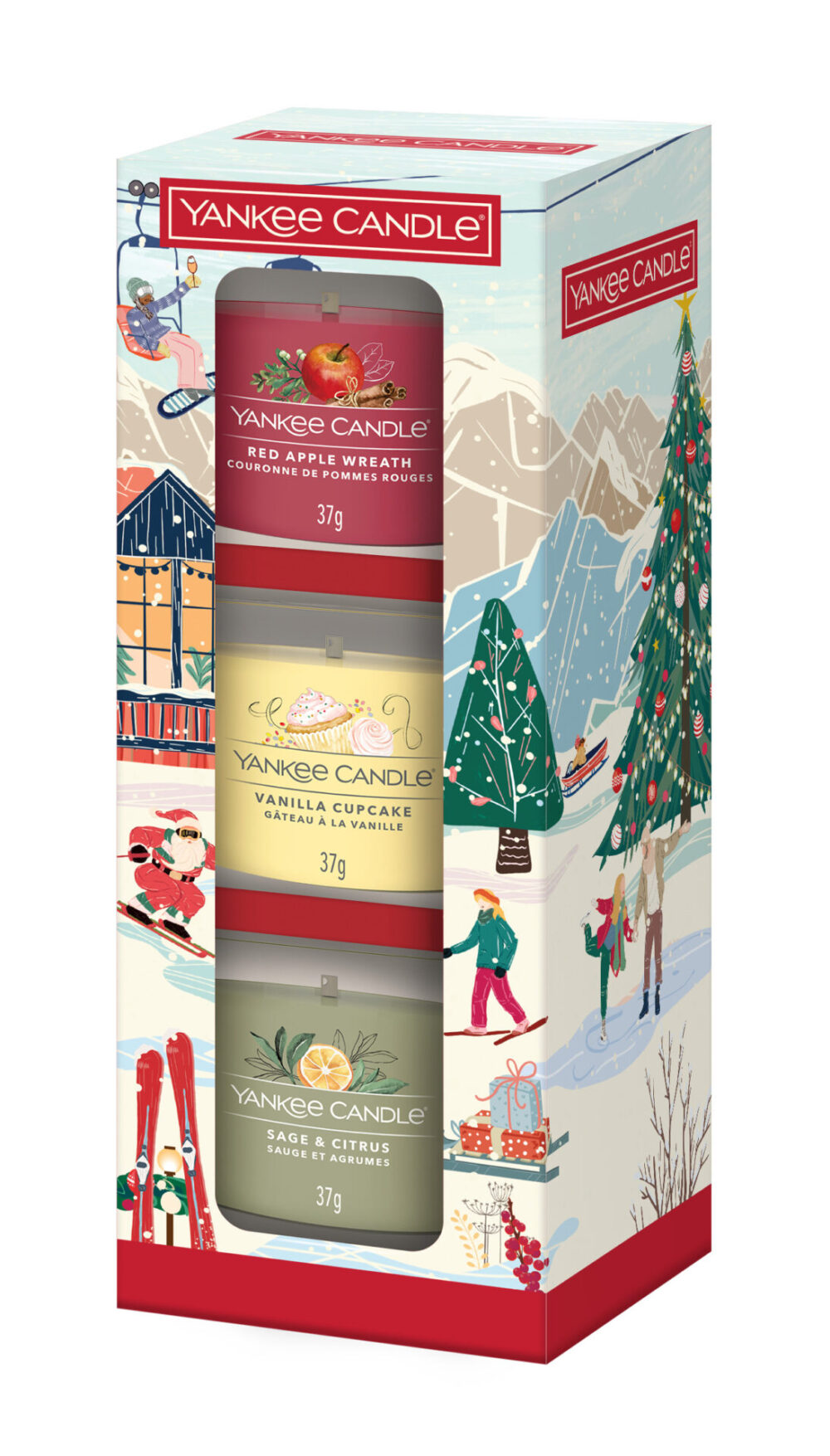 Yankee Candle-set med juldofter: Red Apple Wreath, Vanilla Cupcake, Sage & Citrus.