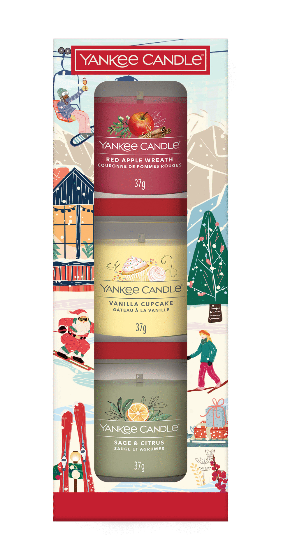 Yankee Candle set med dofter: Red Apple Wreath, Vanilla Cupcake, Sage & Citrus.