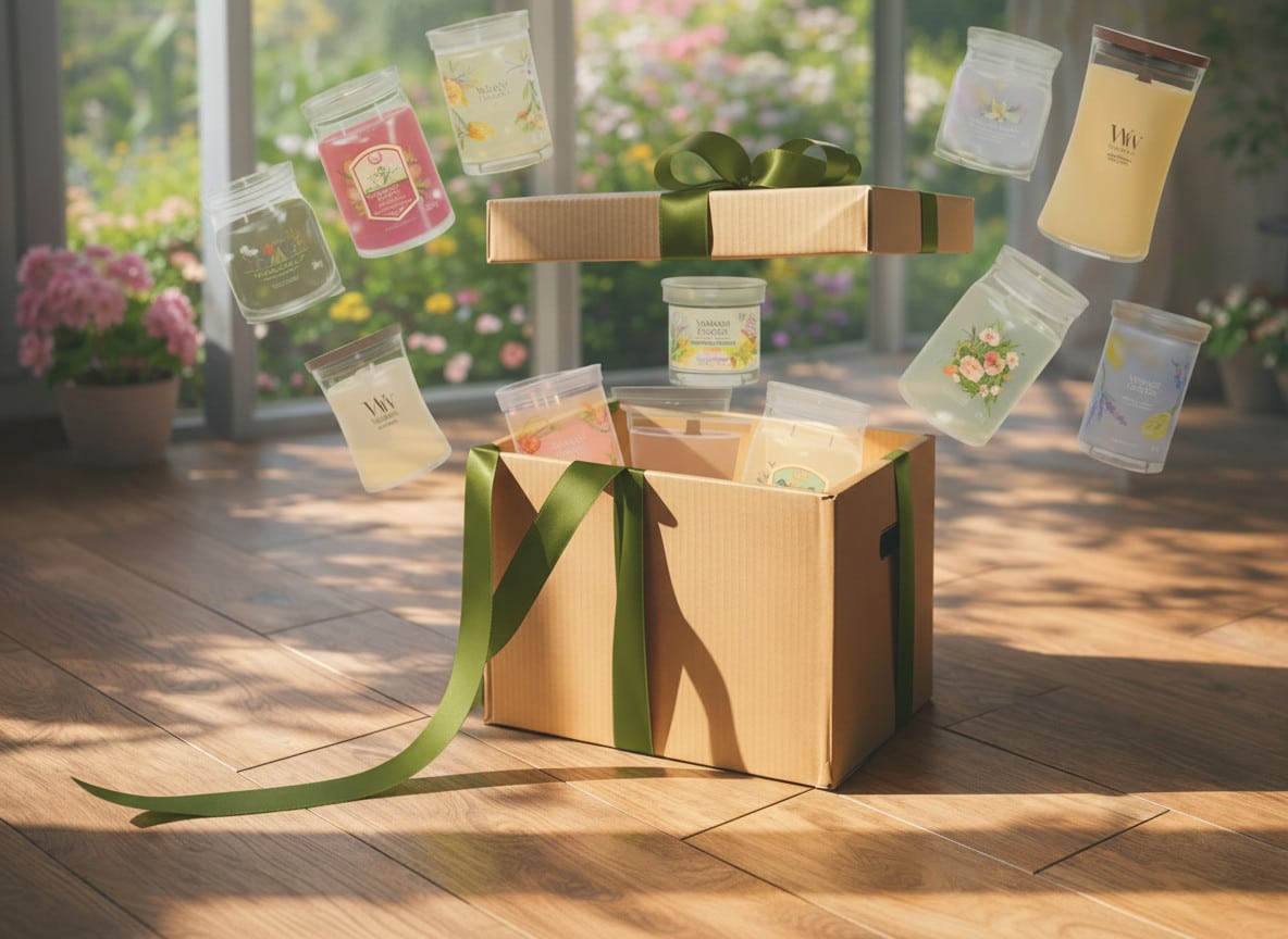 Presentlåda med doftljus som svävar i solbelyst rum.